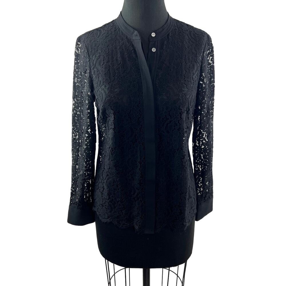 J.Crew Black Button-Up Lace Top Camisole Lined Cotton Blend Long Sleeve Size 2